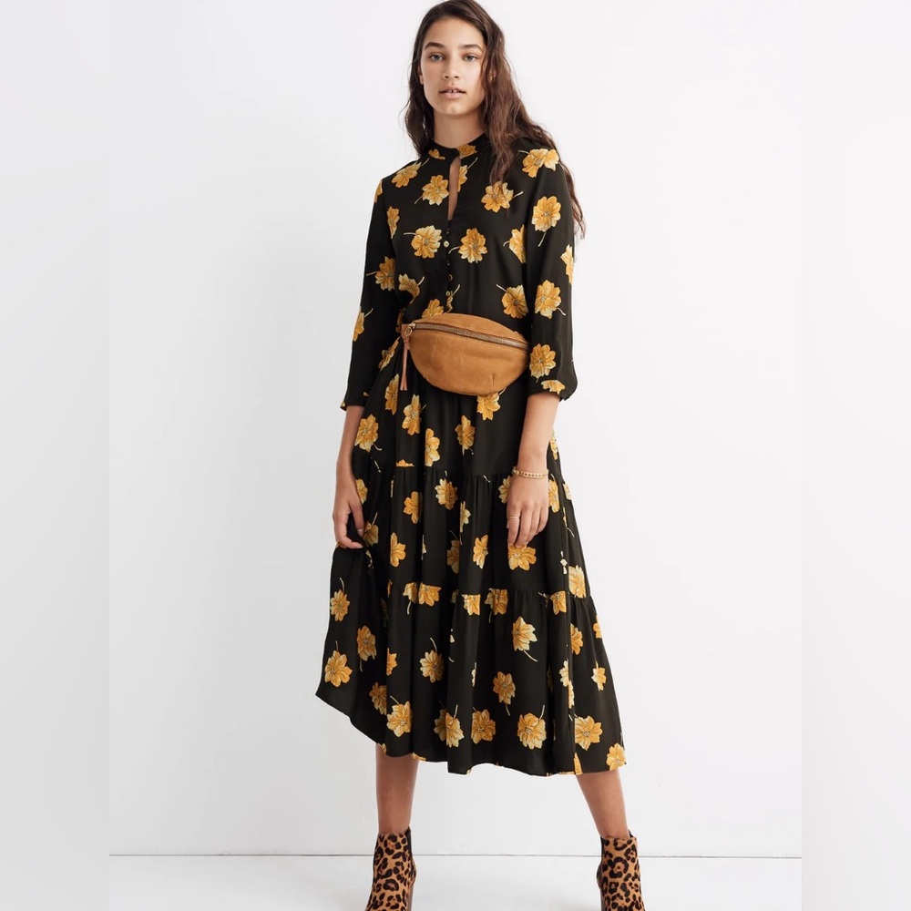 NWOT Madewell Button-Front Tier Midi Dress in Fall Flowers 100% Viscose